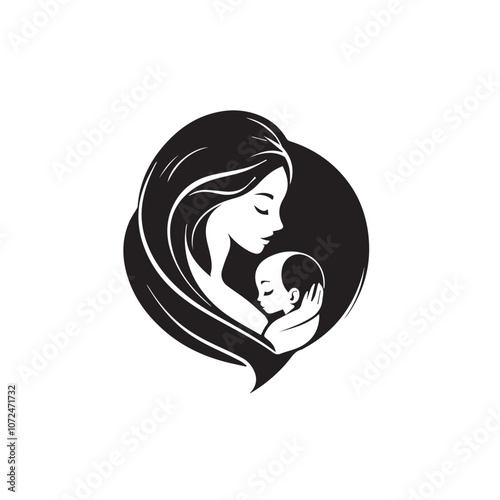 Mother with baby In cartoon, hand-drawn flat style. image for social media, websites and UI. Isolated 2D vector design in logo, icon, sketch style, simple line vector, single color. AI Generative Art.