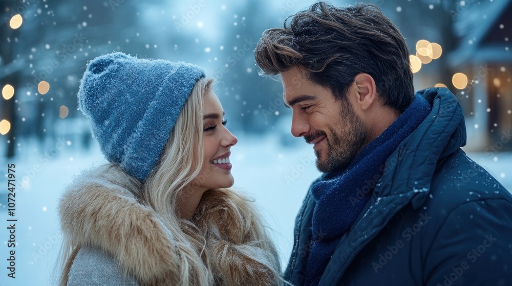 Amidst falling snow, a couple gazes warmly into each others eyes, showcasing their connection and happiness as the soft glow of lights enhances the romantic winter atmosphere Amidst falling snow, a couple gazes warmly into each others eyes, showcasing their connection and happiness as the soft glow of lights enhances the romantic winter atmosphere