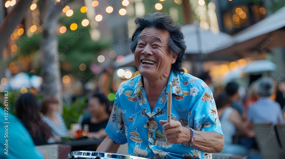 A joyful elderly man playing drums outdoors at a lively evening event, surrounded by people and string lights. Perfect for themes of music, celebration, and happiness. A joyful elderly man playing drums outdoors at a lively evening event, surrounded by people and string lights. Perfect for themes of music, celebration, and happiness.