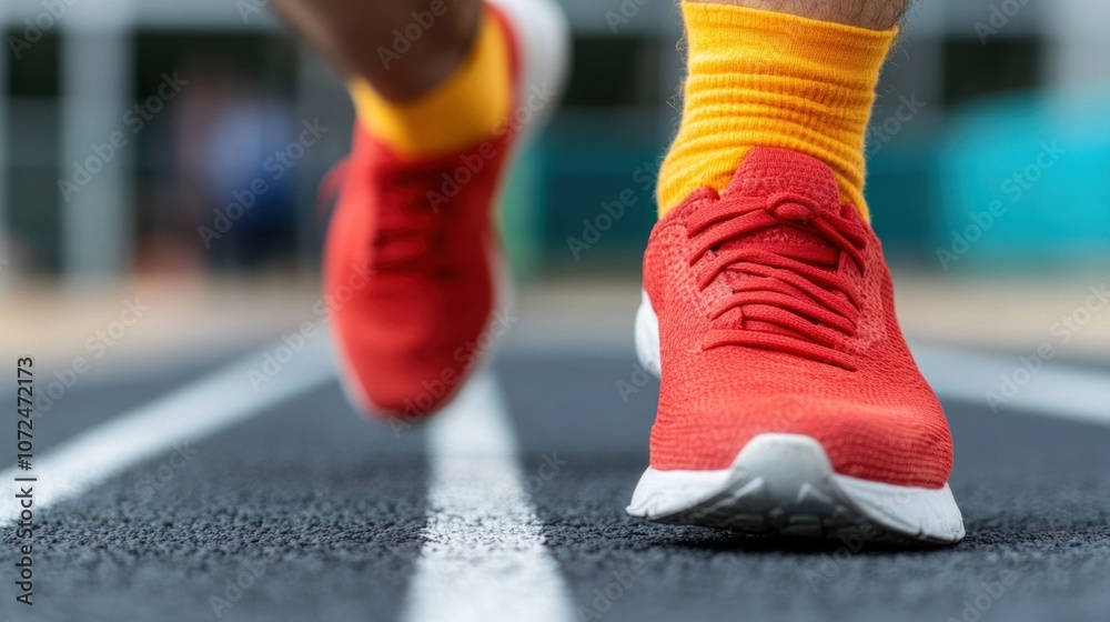 Fototapeta premium A person runs rapidly on a track, wearing vibrant red sneakers paired with bright yellow socks. The focus is on the runner's feet, emphasizing movement and energy in a sporting environment