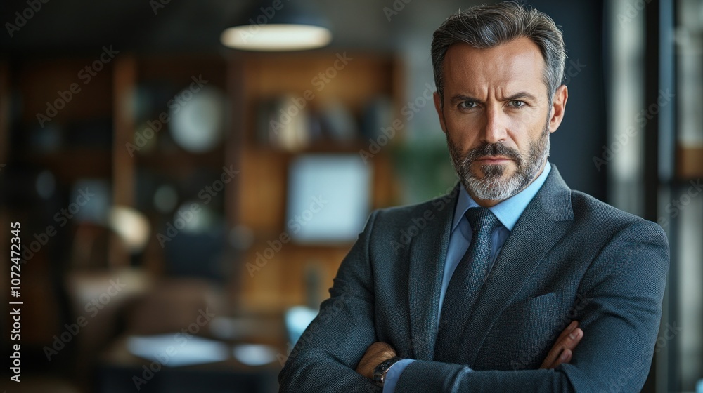 Fototapeta premium A confident man in a tailored suit stands with arms crossed in a chic office adorned with wooden furniture and bookshelves, blending professionalism with contemporary design