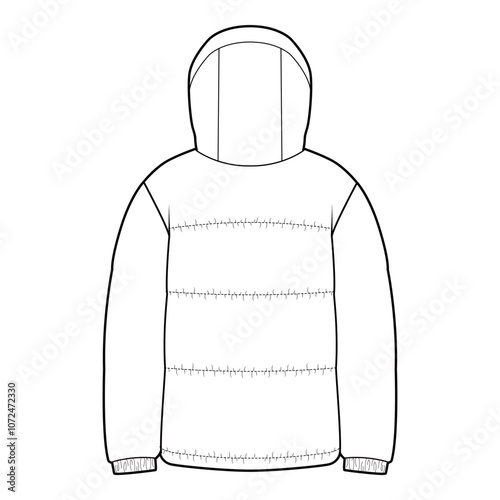 Front view of a hooded puffer jacket in black and white vector format, emphasizing quilted sections and minimalist design.
