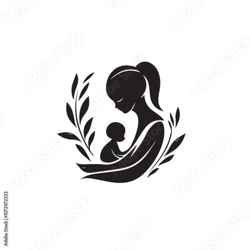 Mother with baby In cartoon, hand-drawn flat style. image for social media, websites and UI. Isolated 2D vector design in logo, icon, sketch style, simple line vector, single color. AI Generative Art.