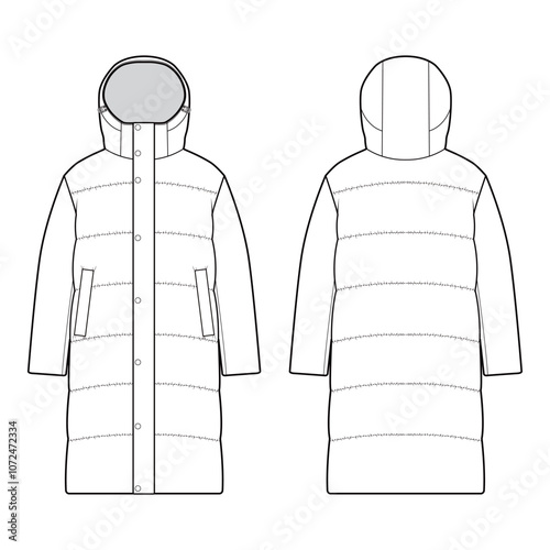 Front and back views of a long hooded puffer coat in black and white vector illustration, highlighting quilted texture and pockets.
