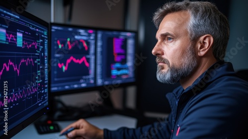 An analyst deeply analyzes financial charts and trends on several large computer monitors, showing a concentrated effort to interpret complex data in a contemporary office environment