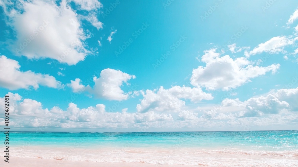 The tranquil beach features dazzling turquoise waters meeting soft white sand, with fluffy clouds drifting overhead on a vibrant sunny day, creating a perfect coastal escape The tranquil beach features dazzling turquoise waters meeting soft white sand, with fluffy clouds drifting overhead on a vibrant sunny day, creating a perfect coastal escape