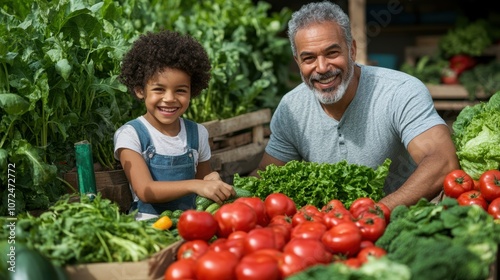 Wallpaper Mural A grandfather and his grandson share a cheerful moment at a bustling farmers market, surrounded by fresh tomatoes, greens, and other vegetables on display under bright sunlight Torontodigital.ca