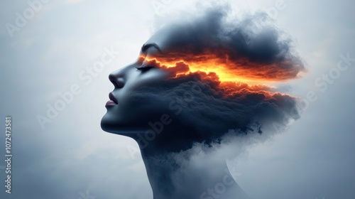 A womanвЂ™s profile blends with swirling clouds, highlighted by vibrant orange light, representing a fusion of thought and creativity during early morning hours