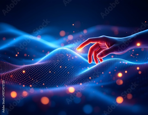 Futuristic Hand with Circuit Patterns and Digital Energy Waves in Blue and Neon Green – Technology Concept Illustration