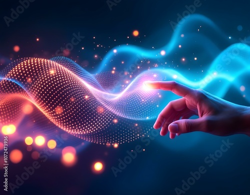 Futuristic Hand with Circuit Patterns and Digital Energy Waves in Blue and Neon Green – Technology Concept Illustration	