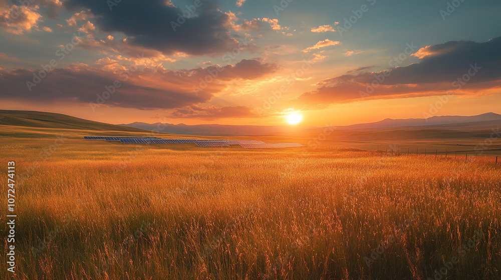 Golden Sunset Over Solar Panels in Rural Field Golden Sunset Over Solar Panels in Rural Field