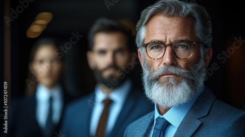 A distinguished older man with a beard and glasses stands at the forefront, flanked by two serious colleagues in business attire, all set against a stylish office backdrop