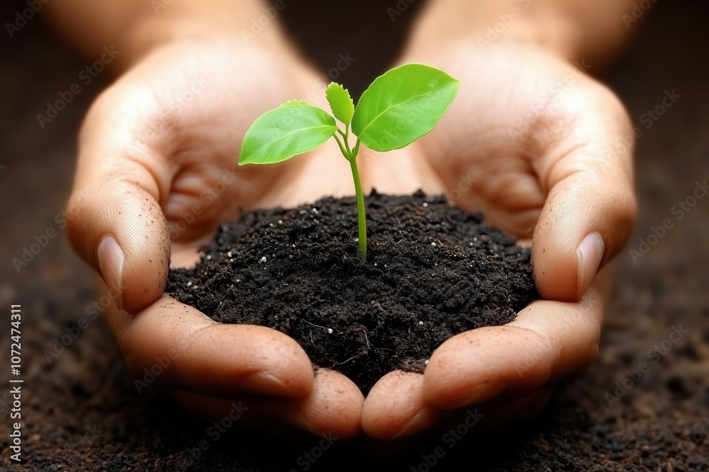 Hands Holding Young Green Plant with Soil - Concept of Growth and Care Hands Holding Young Green Plant with Soil - Concept of Growth and Care