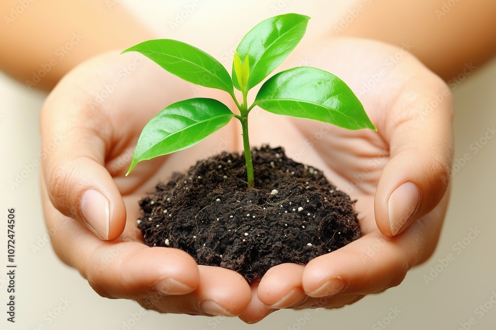 Hands Holding Young Green Plant with Soil - Concept of Growth and Care Hands Holding Young Green Plant with Soil - Concept of Growth and Care