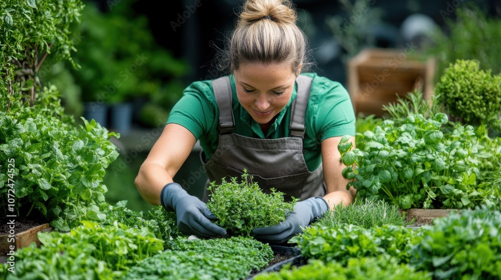 custom made wallpaper toronto digitalA dedicated gardener carefully arranges herbs in a bountiful garden, showcasing an array of fresh plants amidst bright greenery on a pleasant day