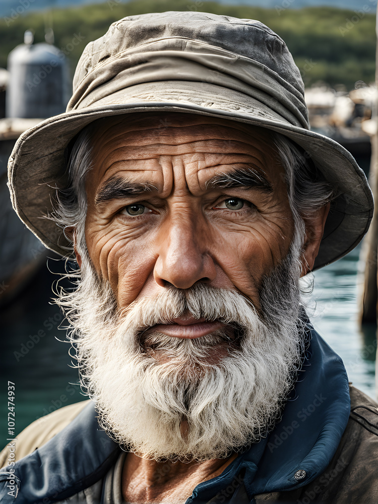 Portrait of an old man with a white beard and mustache in a hat on a pier Portrait of an old man with a white beard and mustache in a hat on a pier