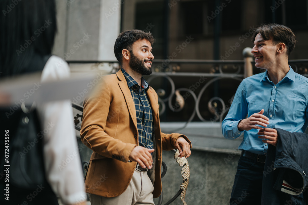 Naklejka premium A group of business professionals enjoying a casual conversation outdoors, showcasing teamwork and corporate culture through friendly interactions and casual attire.