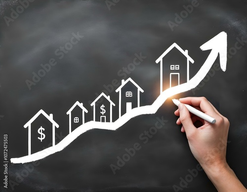 Hand-Drawn Graph Line on Chalkboard with Rising Home Silhouettes and Growth Symbols – Real Estate Market Growth Concept Illustration