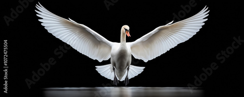 Graceful white swan landing on water with wings spread, showcasing its beauty and strength. Contrasting against dark backdrop, radiating freedom and sophistication