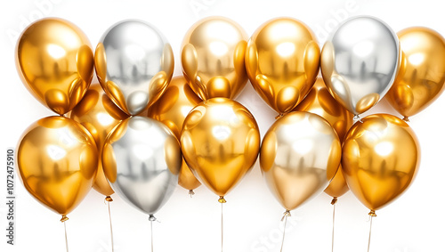 A bunch of metallic balloons in gold and silver, isolated on a white background, reflective surfaces, high-definition, studio clarity photo