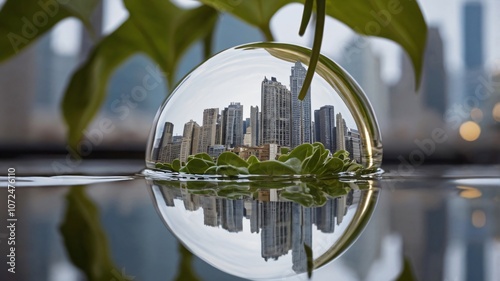 A unique reflection of a bustling city skyline captured within a water droplet resting on green foliage, showcasing nature and urban life harmoniously