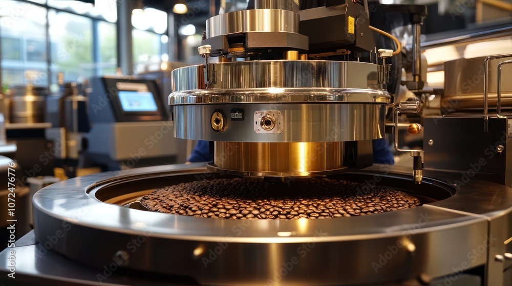 Professional coffee roaster working with modern automated roasting machine in the coffee roasting factory