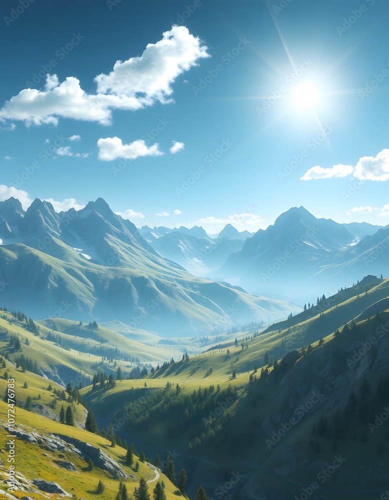Obraz premium 3D bright landscape with mountains created with generative AI