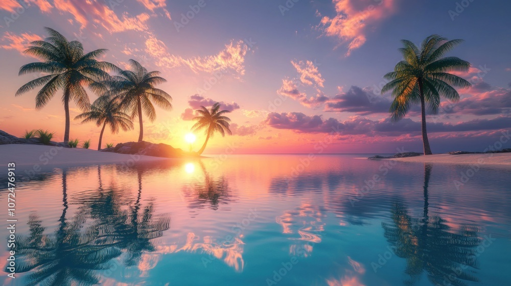 Fototapeta premium A picturesque sunset over a calm tropical beach with palm trees and a reflecting sky.