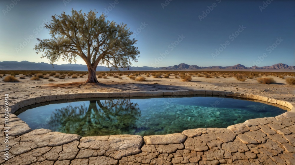 A tranquil oasis with a solitary tree overlooking a clear water pool in a vast desert landscape at sunset