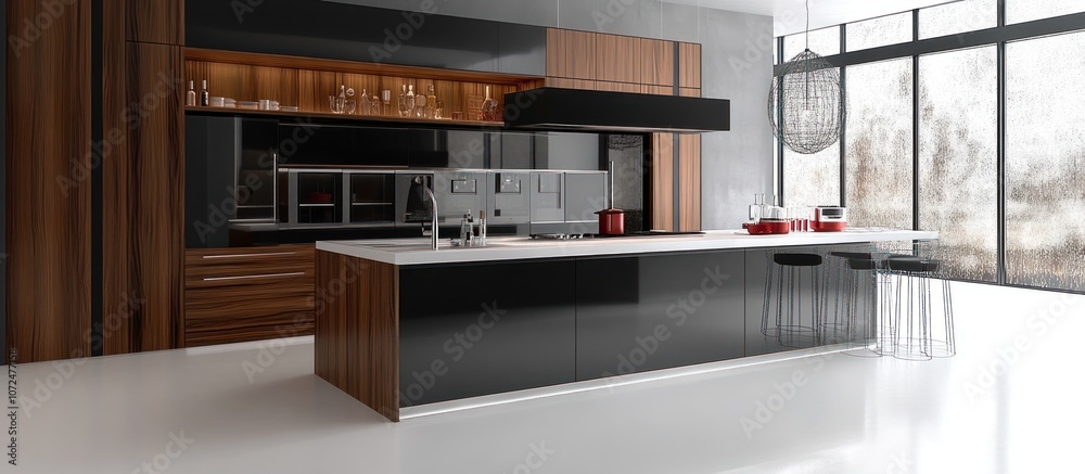 Modern kitchen interior with island and black cabinets. Modern kitchen interior with island and black cabinets.