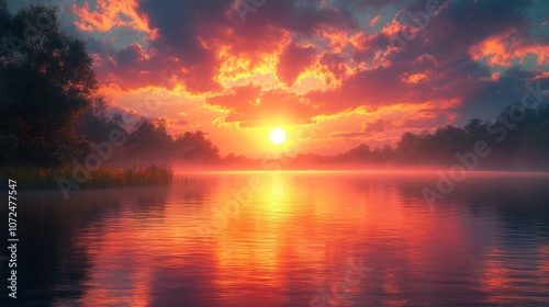 Serene sunset over a tranquil lake with vibrant colors and mist.