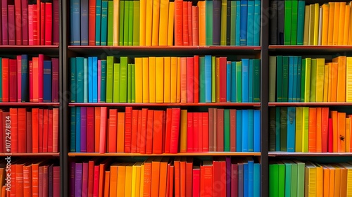 Wallpaper Mural Colorful rainbow-organized bookshelf displaying books arranged by spectrum colors from red to blue, ideal for library decoration, education themes, and color psychology concepts. Torontodigital.ca