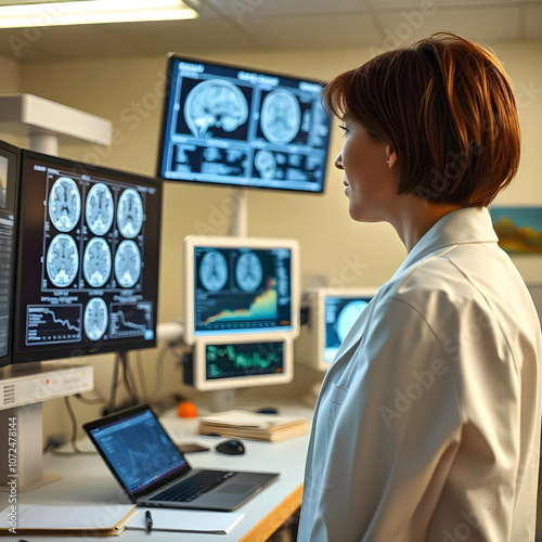 A young female doctor examining brain scans on a computer monitor in a dimly lit medical office. white Female Neuroscientist Looking at TV Screen, Analyzing Brain Scan MRI Images