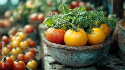 Freshly picked red and yellow tomatoes in a rustic bowl, surrounded by other tomatoes.