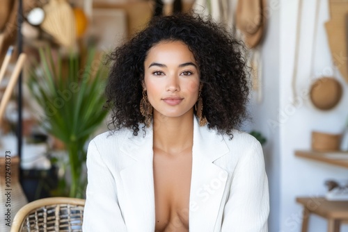 A beautiful woman with curly hair and chic attire, including a white blazer and statement earrings, sits confidently against a modern, artistic background. photo