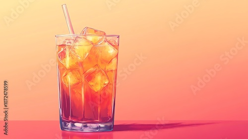 Iced tea in a tall glass with ice cubes and a straw, vibrant illustration with clear details