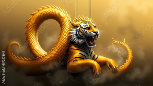 Majestic golden dragon coils around a fierce Bengal tiger, creating a dynamic, mystical scene of ancient mythology and