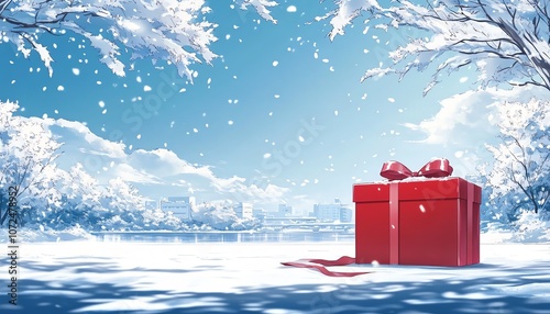 Large red gift box with a ribbon in a snowy forest clearing, bright under a clear winter sky