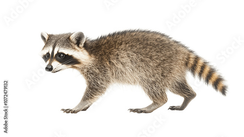 Side view of a young walking raccoon isolated on transparent background