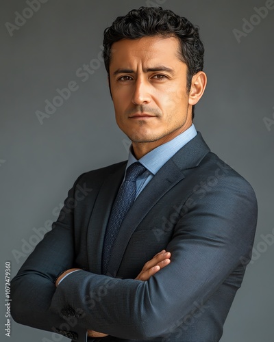 man in a suit with arms crossed, standing to the right, leaving the left side blank for text