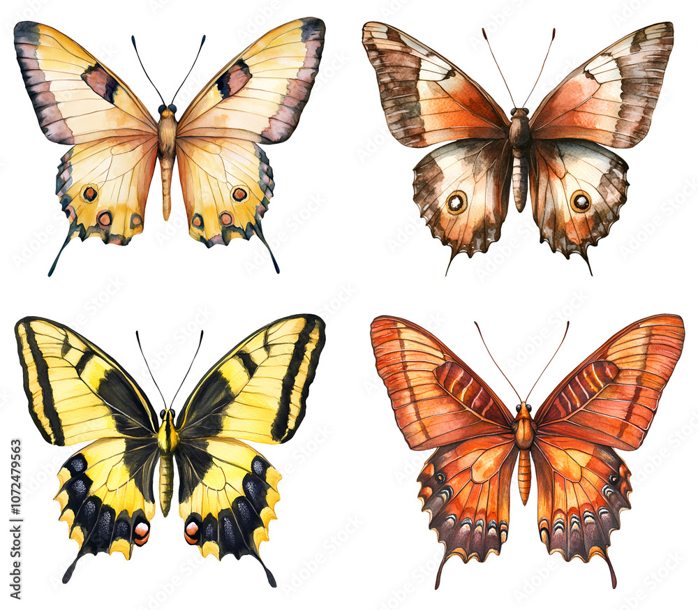 Naklejka premium Set butterflies watercolor clipart isolated