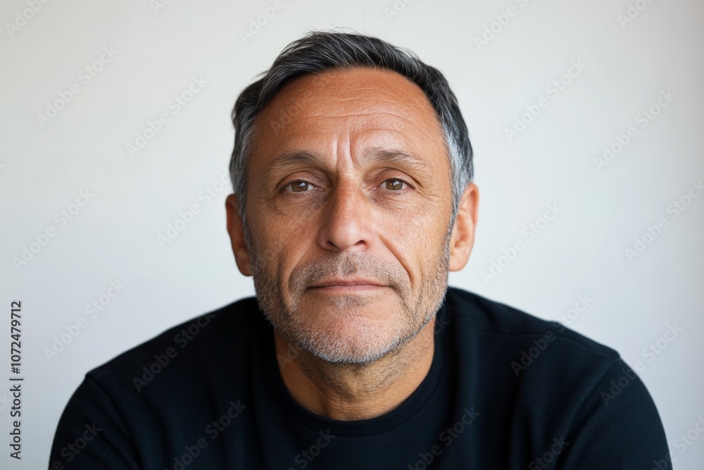 A mature man with gray hair and a black shirt gazes thoughtfully, conveying depth, wisdom, and tranquility in his expression amidst a minimalist setting. A mature man with gray hair and a black shirt gazes thoughtfully, conveying depth, wisdom, and tranquility in his expression amidst a minimalist setting.
