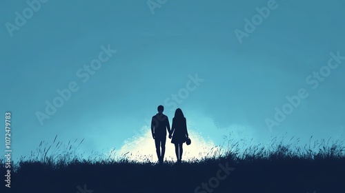 Minimalist illustration of a couple walking handinhand on blue background simple shapes soft tone photo