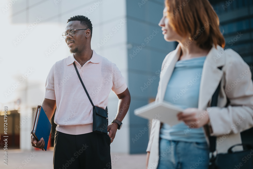 Obraz premium A diverse group of business professionals engaging in an outdoor meeting in the city. They exhibit collaboration and modern work culture. Ideal for showcasing diversity and urban work environments.