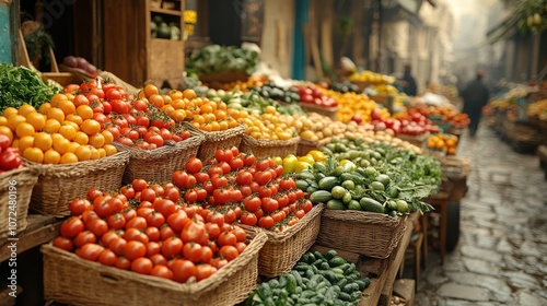 Fresh produce displayed in baskets at a bustling market stall.