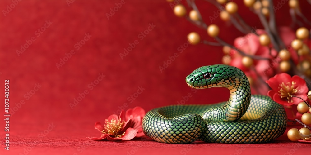Green snake with golden accents amid red blossoms and berries for chines new year Green snake with golden accents amid red blossoms and berries for chines new year