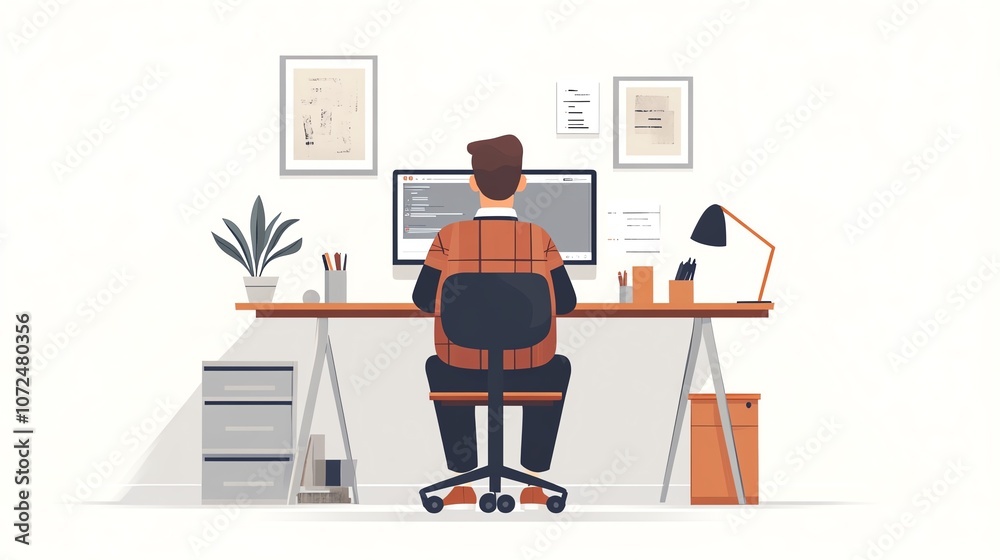 Modern workspace with stylish decor, designer seated at desk, clean and organized isolated white background Modern workspace with stylish decor, designer seated at desk, clean and organized isolated white background