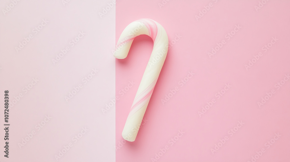 White and pink candy cane on pastel pink split background with copy space. Christmas and holiday decoration concept. White and pink candy cane on pastel pink split background with copy space. Christmas and holiday decoration concept.