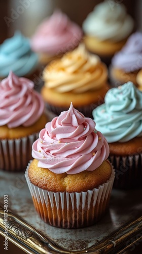 Colorful cupcakes with frosting.