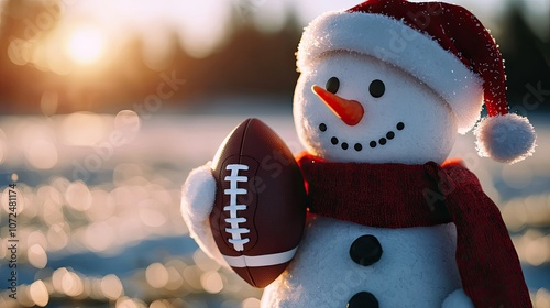 A cheerful snowman in a Santa hat holding a football on a snowy winter day.